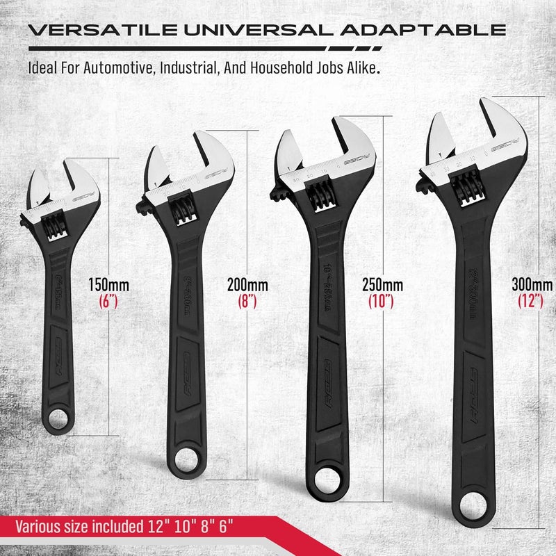 SEDY Adjustable Wrench Set Wrenches Sets: 4-Piece 6, 8, 10, 12 Inch Chrome Vanadium Steel Corrosion-Resistant Black Oxide Finish for Automotive Plumbing and Household Repairs - Image 5